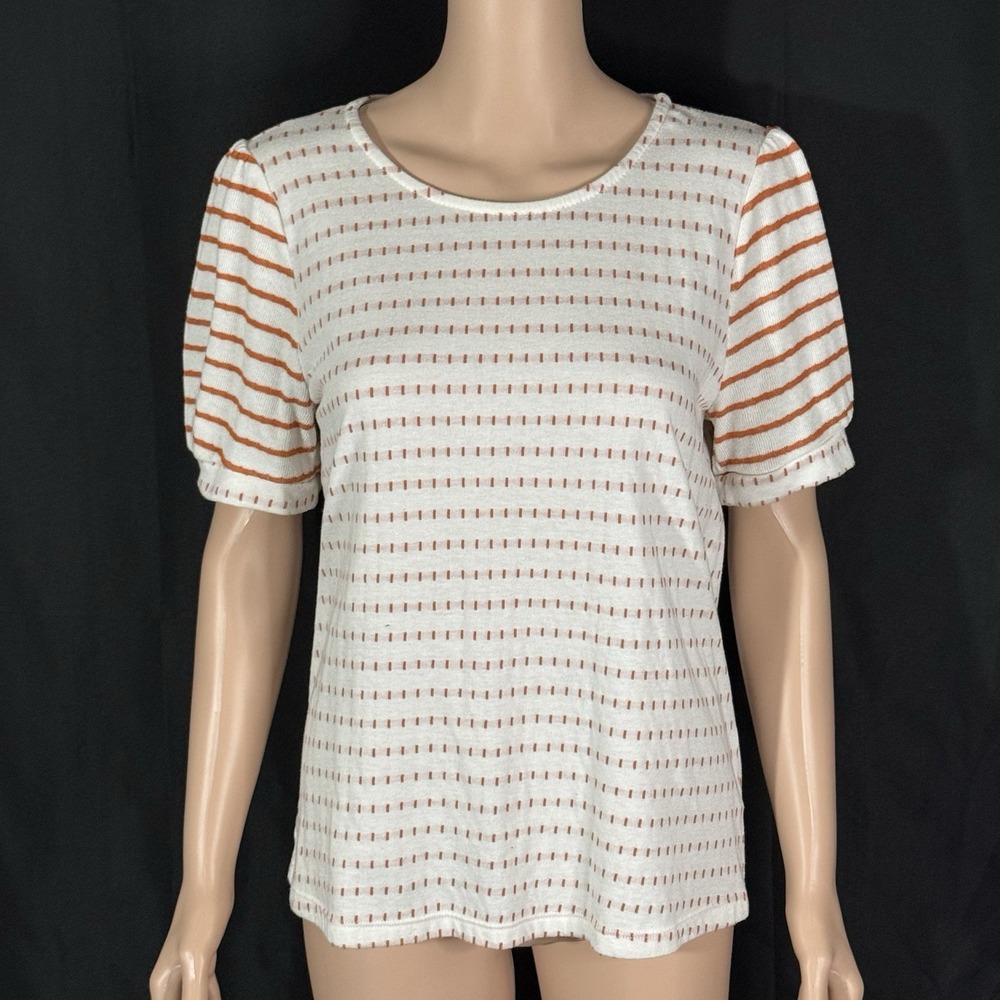 Pink Clover Womens White Orange Striped Puff Sleeve Knit T-Shirt Size L